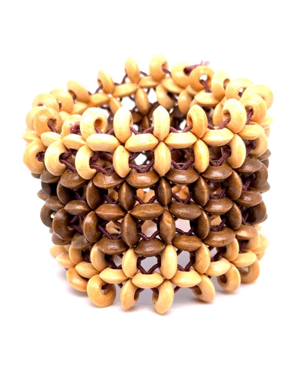 Handmade Two-Tone Wooden Bead Stretch Bracelet‎ - Brown & Tan (E5)
